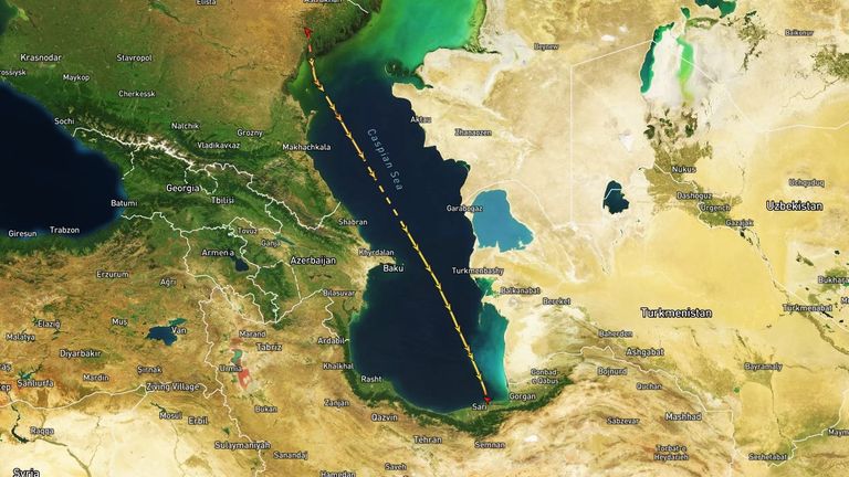 Russian Ship Suspected of Delivering Iranian Ballistic Missiles Spotted at Caspian Sea Port Amid Escalating Conflict| 
 Russian ship captured in satellite image 'delivering ballistic missiles from Iran' | World News