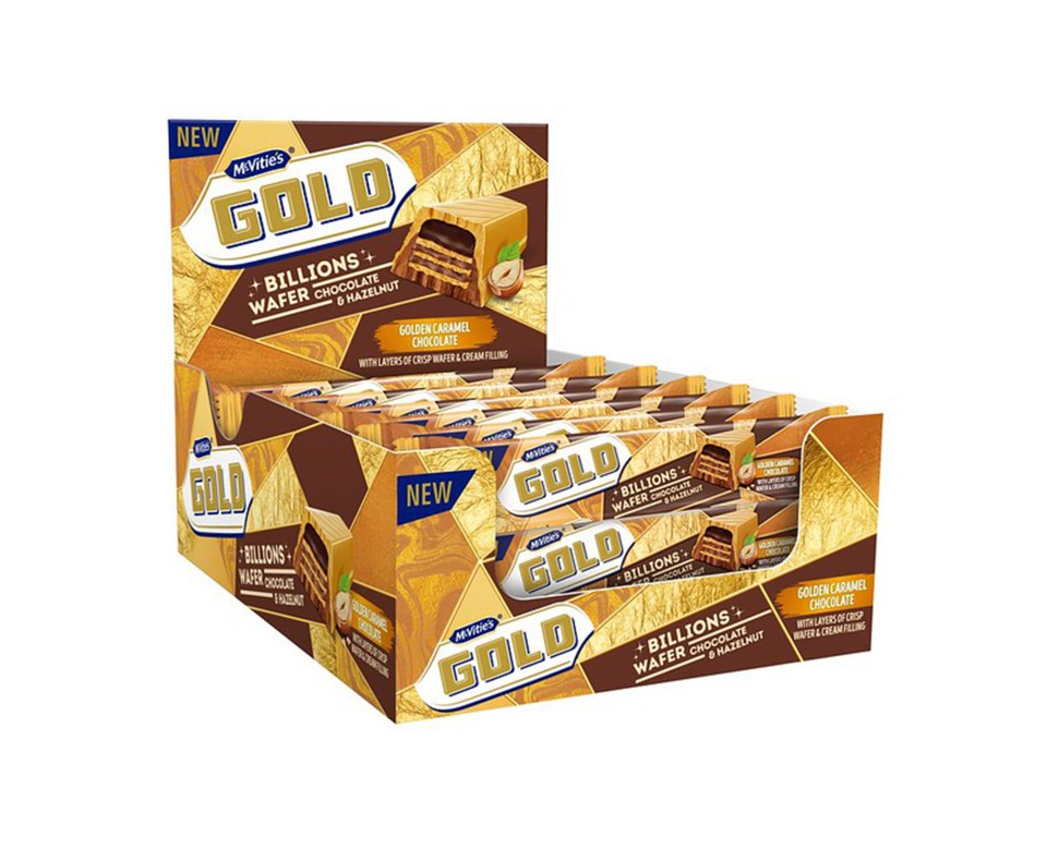 Box of McVitie's Gold Billions wafer chocolate and hazelnut bars.